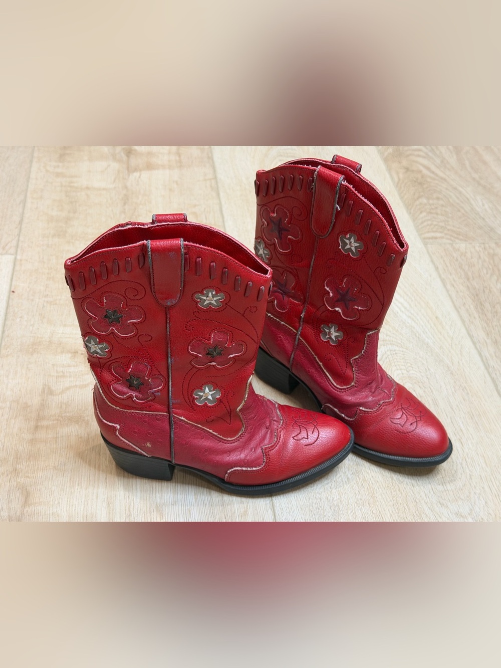 Roper Girls Cowboy Boots Brown Floral Embroidered Western Kids US 12 EU 30 Red